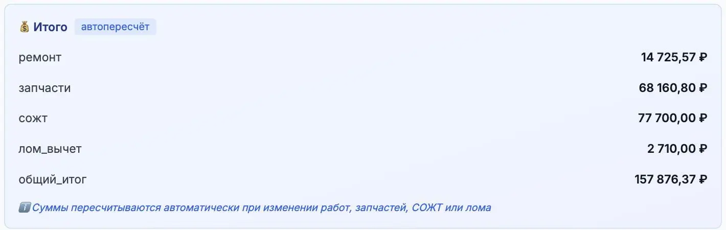 Карточка итогового расчёта с автопересчётом
